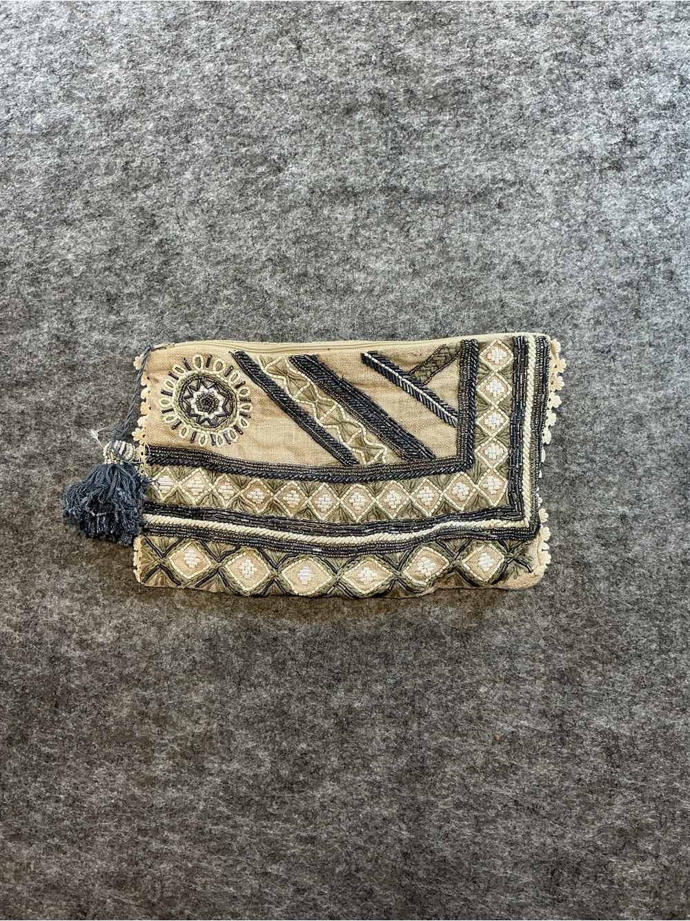 Nayika Embroidered Beige & Black Boho Clutch 100% Linen